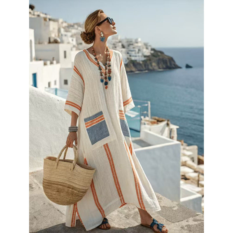 Women Boho Striped Embroidery V Neck Loose Kaftan Maxi Beach Dress