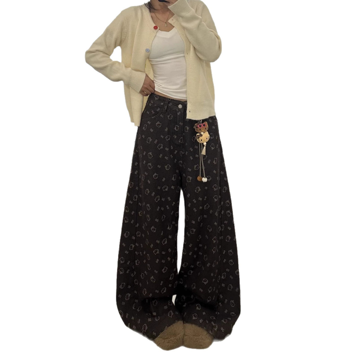Brown Hello Kitty Print Wide Leg Denim Jeans High Waist Loose Trousers