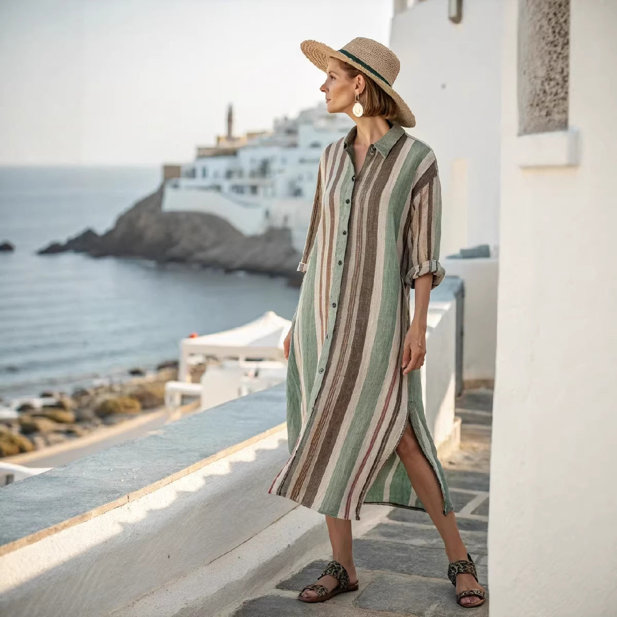 Women Boho Vertical Striped Collared Button Front Slit Loose Maxi Beach Dress