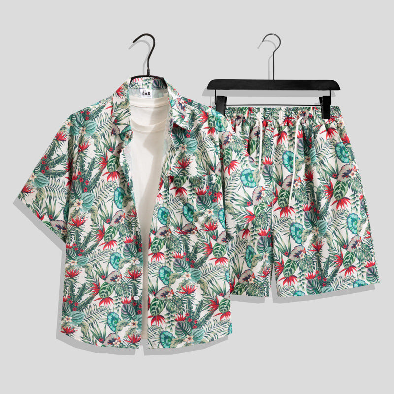Ice Silk Quick Dry Couple Floral Loose Beach Shirt Shorts Set T3601-T3630