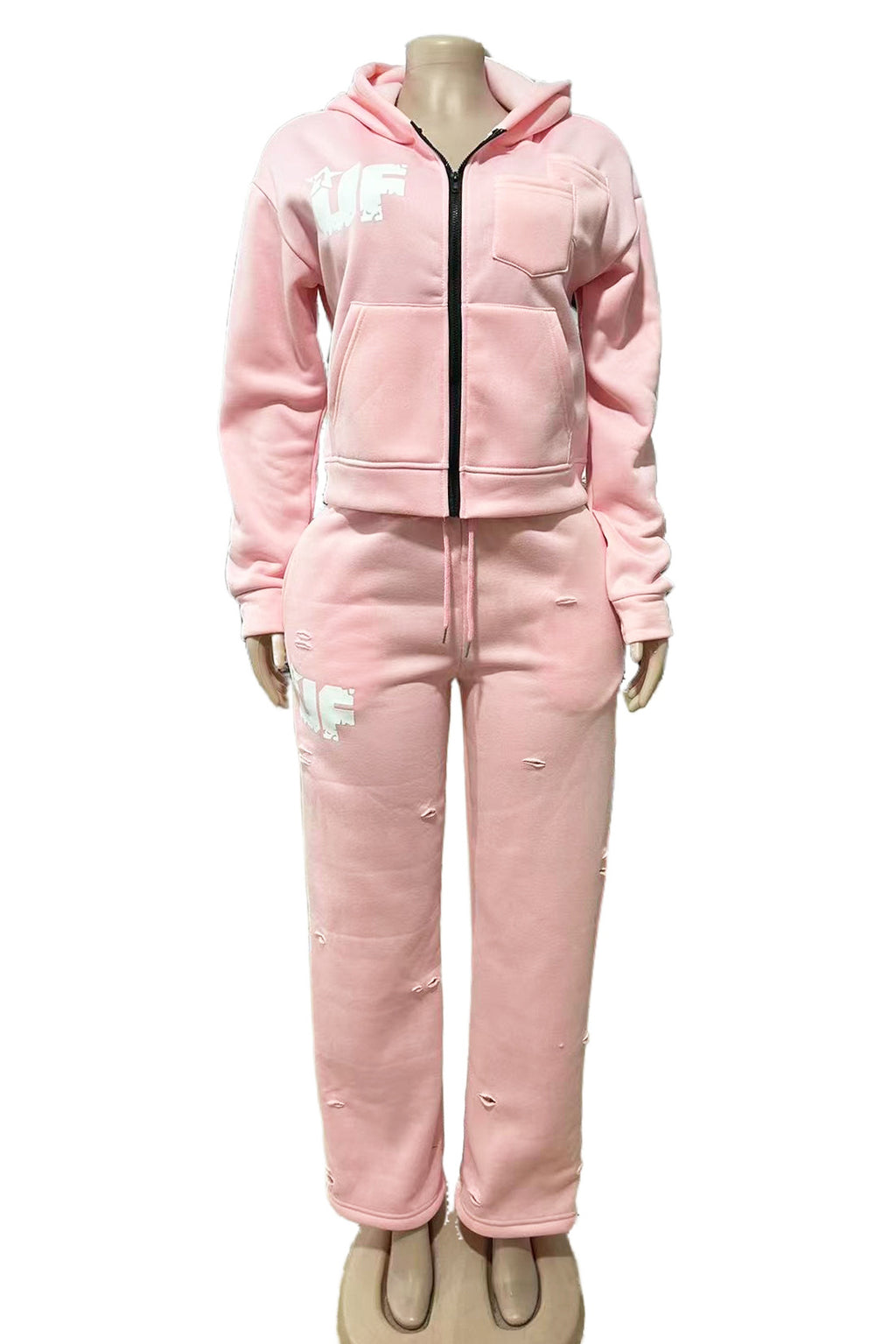 UnfairLives UF Distressed Zip Up Hoodie Sweatpants 2 Piece Tracksuit Women