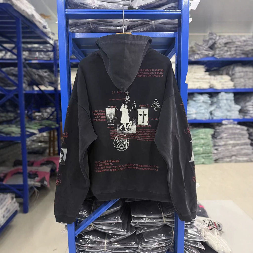 ERD Cherry Graphic Hoodie Vintage Washed Distressed Oversized Pullover