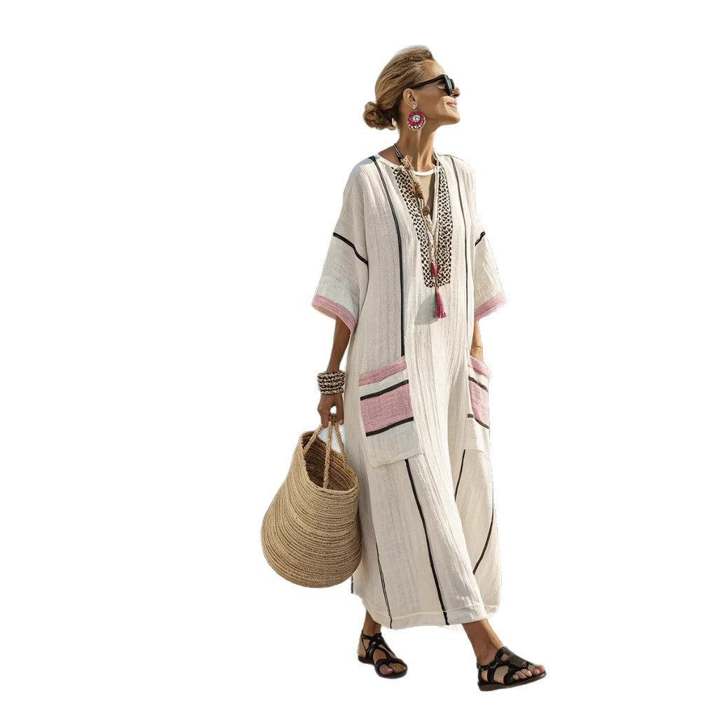 Women Boho Striped V Neck Patch Pocket Loose Kaftan Maxi Beach Dress
