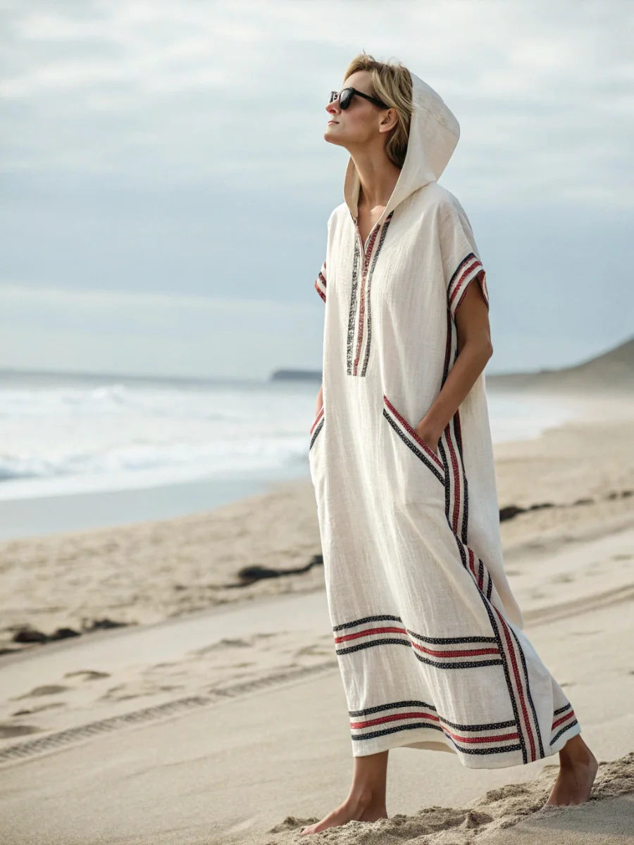 Women Boho Striped Hooded Sleeveless Slit Pocket Kaftan Maxi Beach Dress