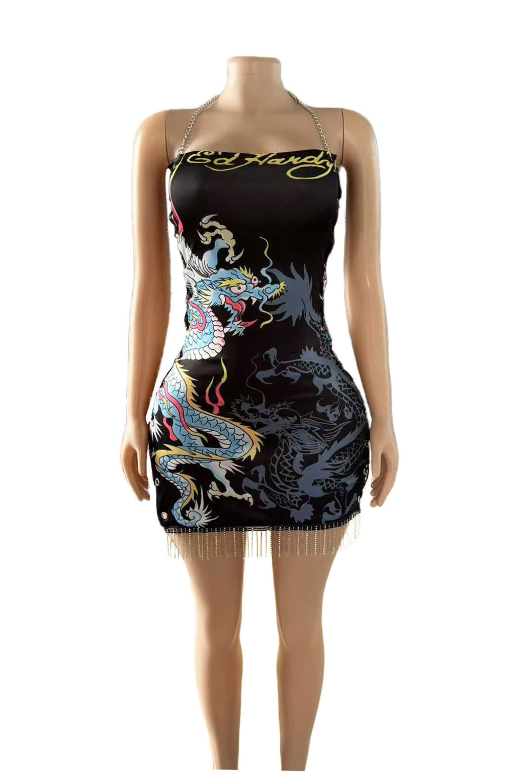Y2K Vintage Dragon Print Strapless Drawstring Slit Mini Dress
