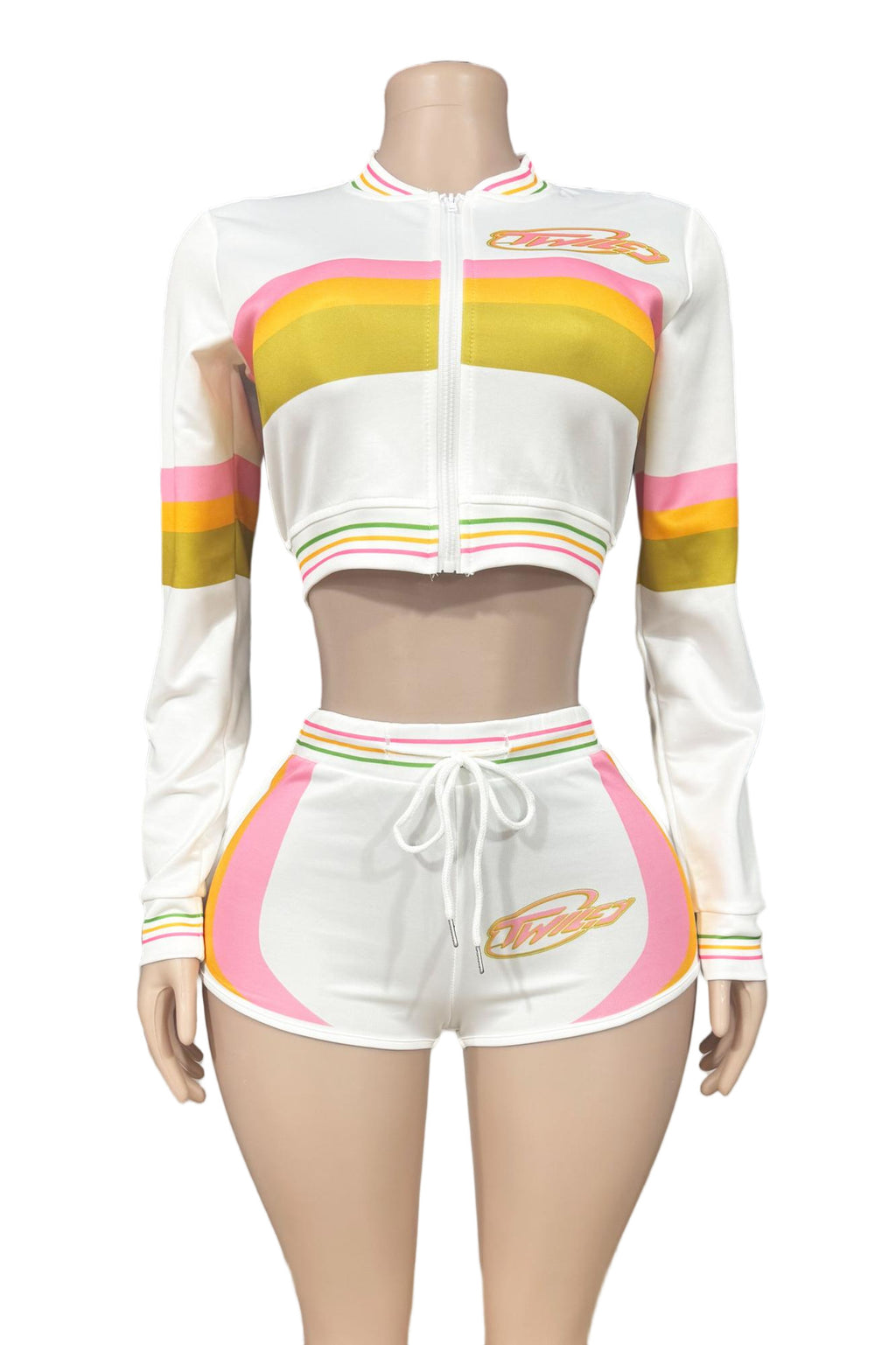 Twiley TM Color Block Zip Up Crop Jacket Shorts 2 Piece Set Women