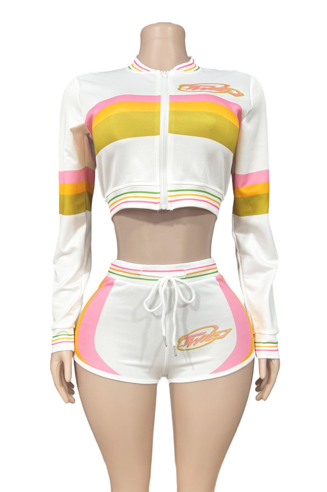 Twiley TM Color Block Zip Up Crop Jacket Shorts 2 Piece Set Women