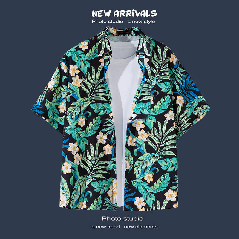 Mens Vintage Tropical Hawaiian Floral Loose Short Sleeve Beach Shirt