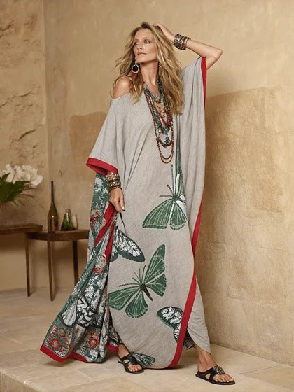 Women Boho Diagonal Striped Off Shoulder Loose Kaftan Maxi Beach Dress