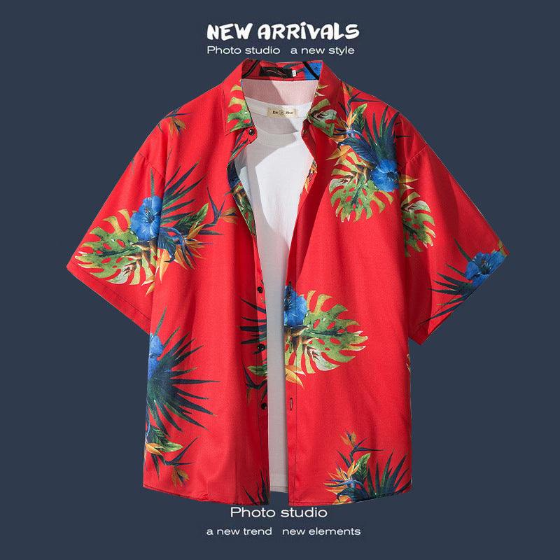 Mens Vintage Tropical Hawaiian Floral Loose Short Sleeve Beach Shirt