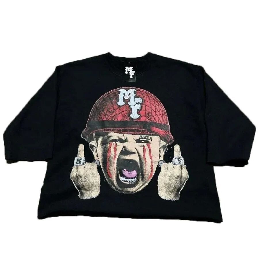 Merlin Worldwide Style Y2K Cartoon Portrait Oversized Vintage Baumwoll-T-Shirt
