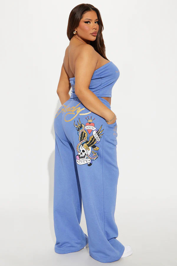 Skull Graphic Print Strapless Tube Top Wide Leg Pants 2 Piece Set Women