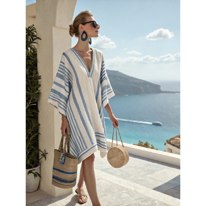 Women Boho Striped V Neck Loose Kaftan Midi Beach Dress