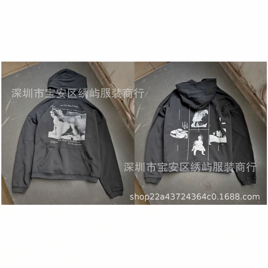 ERD Distressed Photo Letter Print Hoodie Vintage Cotton Pullover
