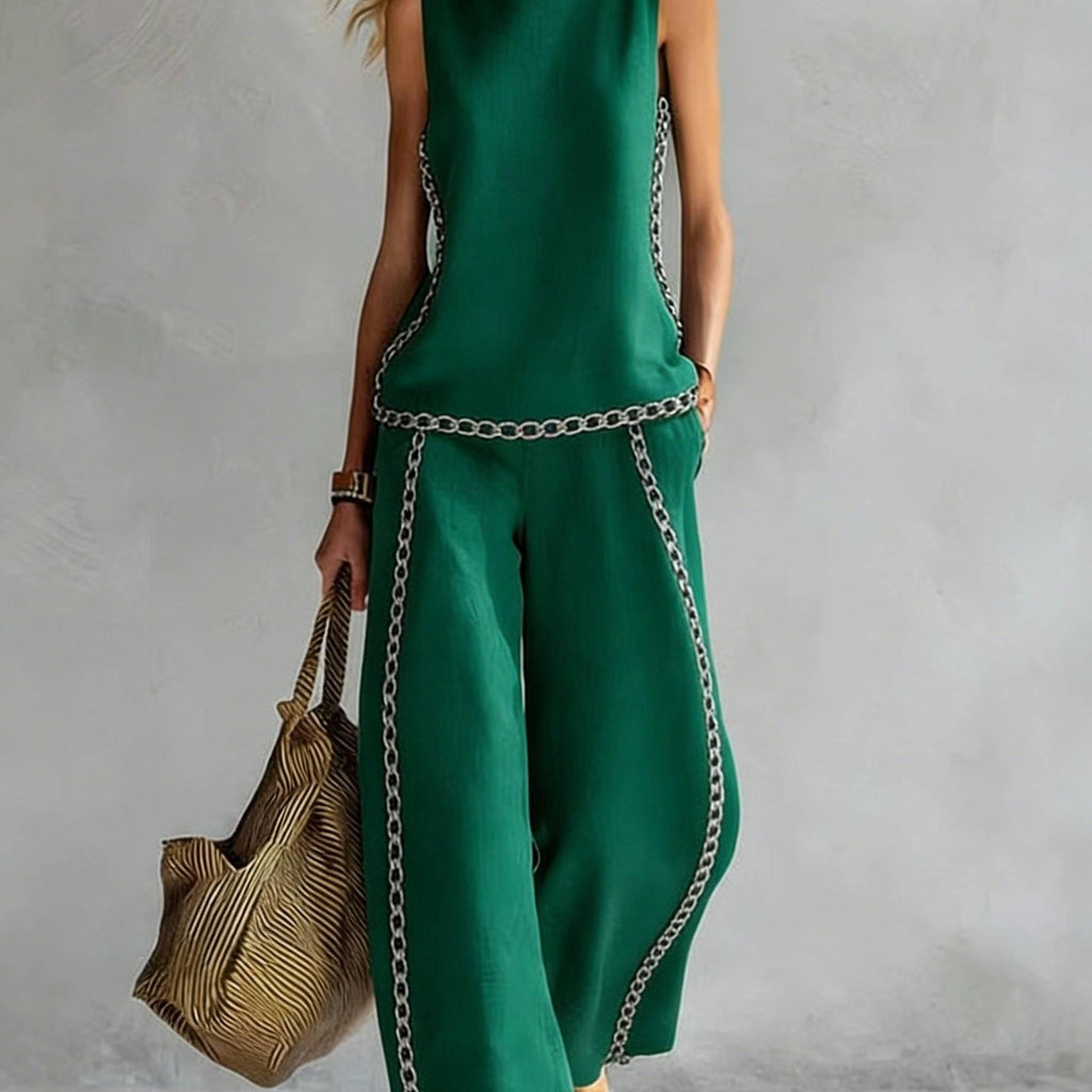 Boho Floral Trim Sleeveless Wide Leg Two Piece Set