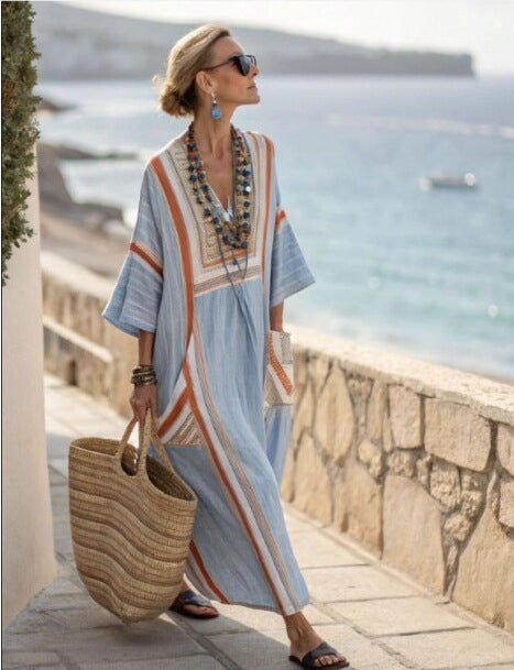 Women Boho Striped Embroidery V Neck Loose Kaftan Maxi Beach Dress