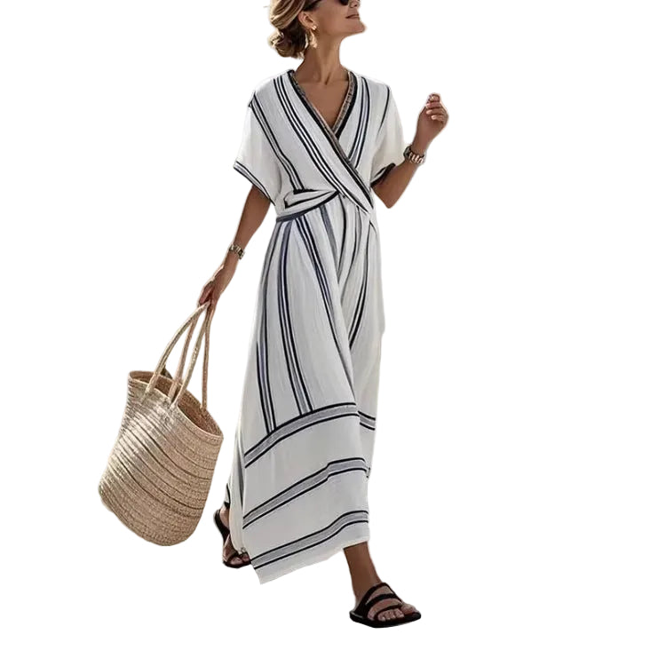 Women Boho Vertical Striped V Neck Wrap Loose Beach Maxi Dress