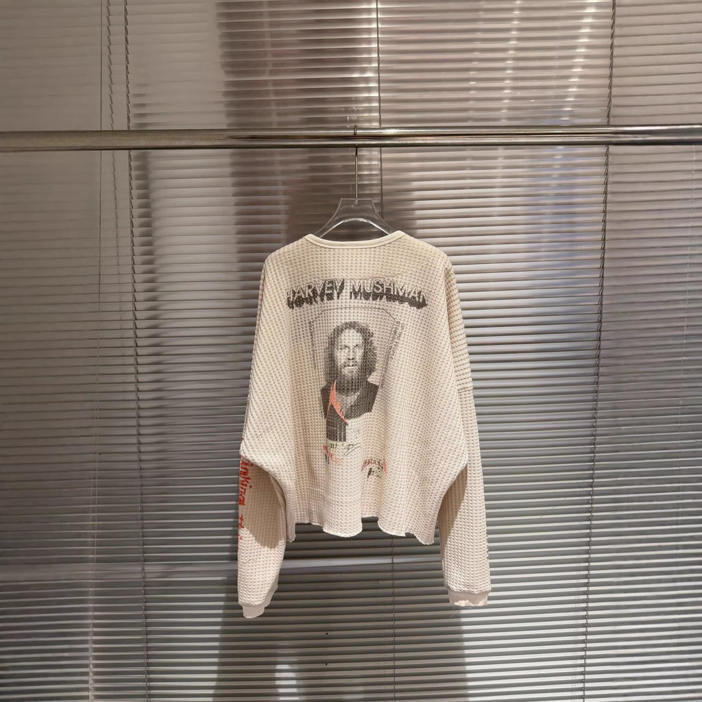 Waffle Knit Figure Letter Graphic Crew Neck Long Sleeve T Shirt