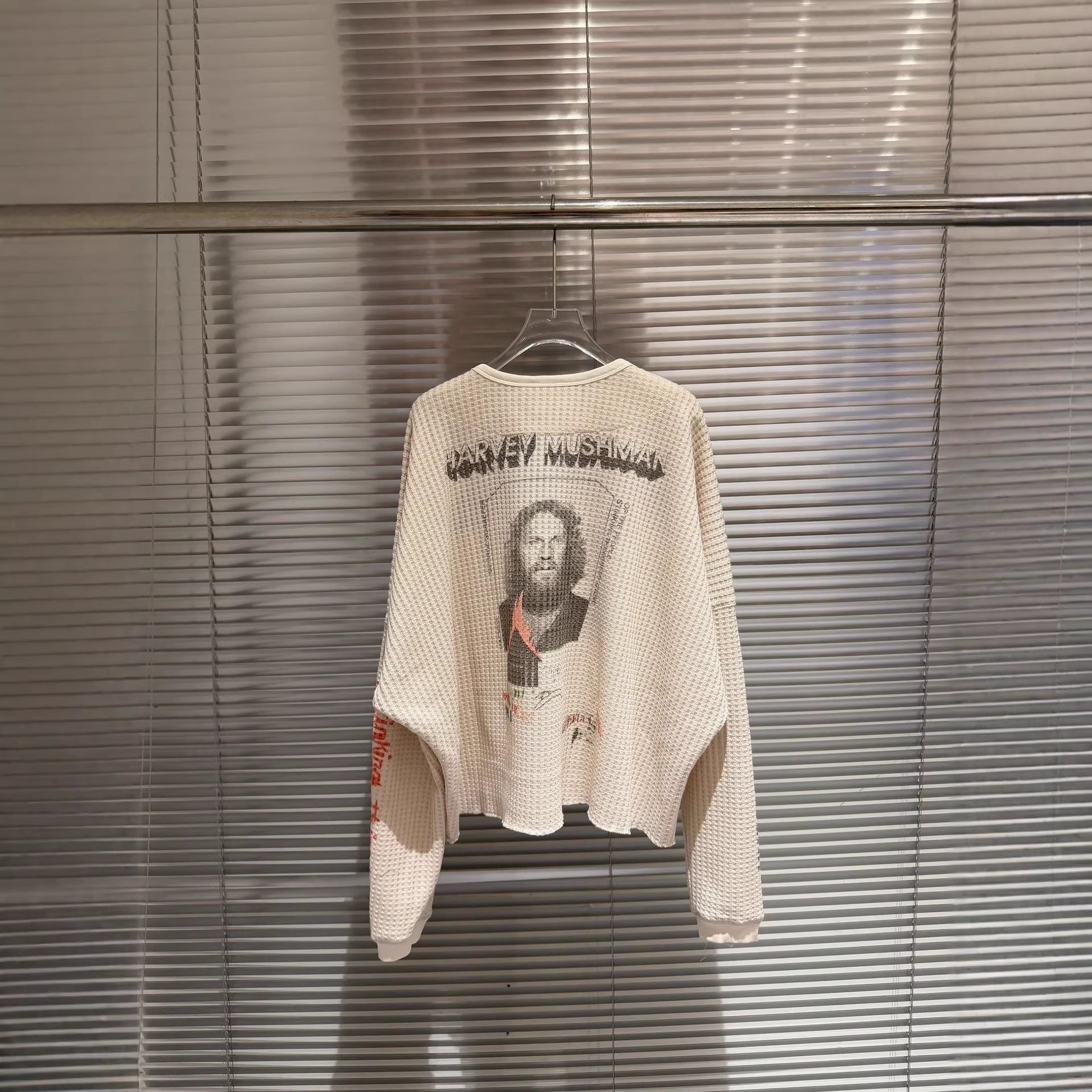 Waffle Knit Figure Letter Graphic Crew Neck Long Sleeve T Shirt