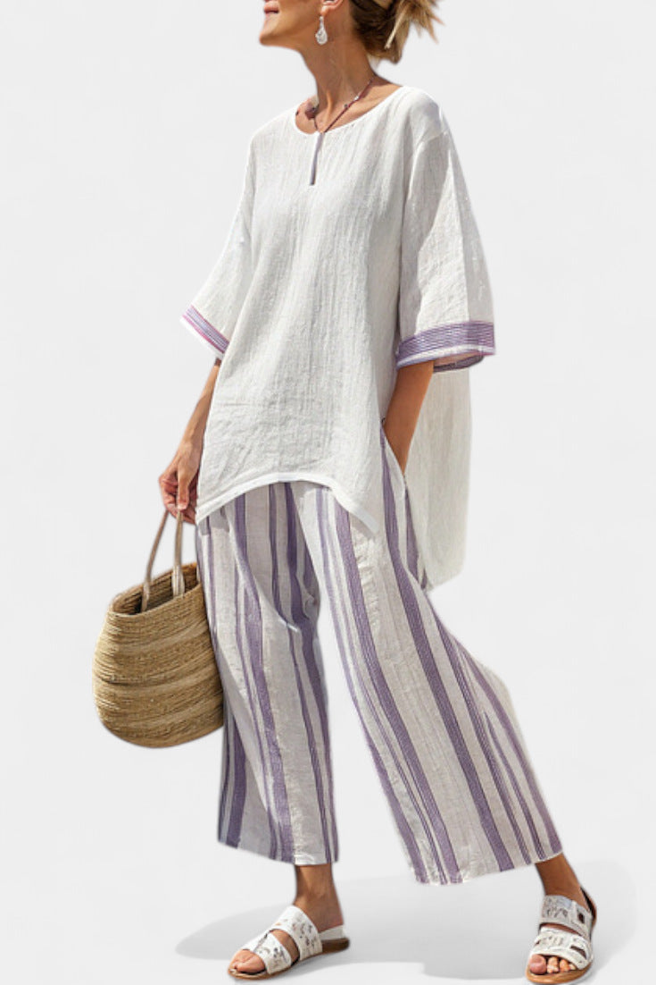 Women European Boho Striped Plus Size Loose Kaftan Beach Vacation Set