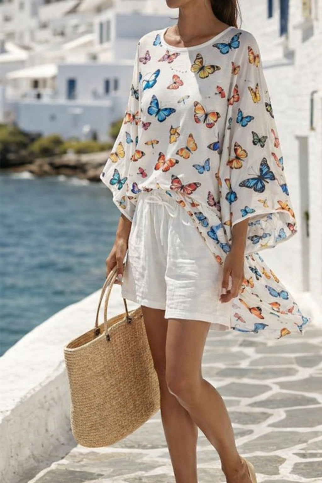 Boho Striped Batwing Beach Two Piece Short Set