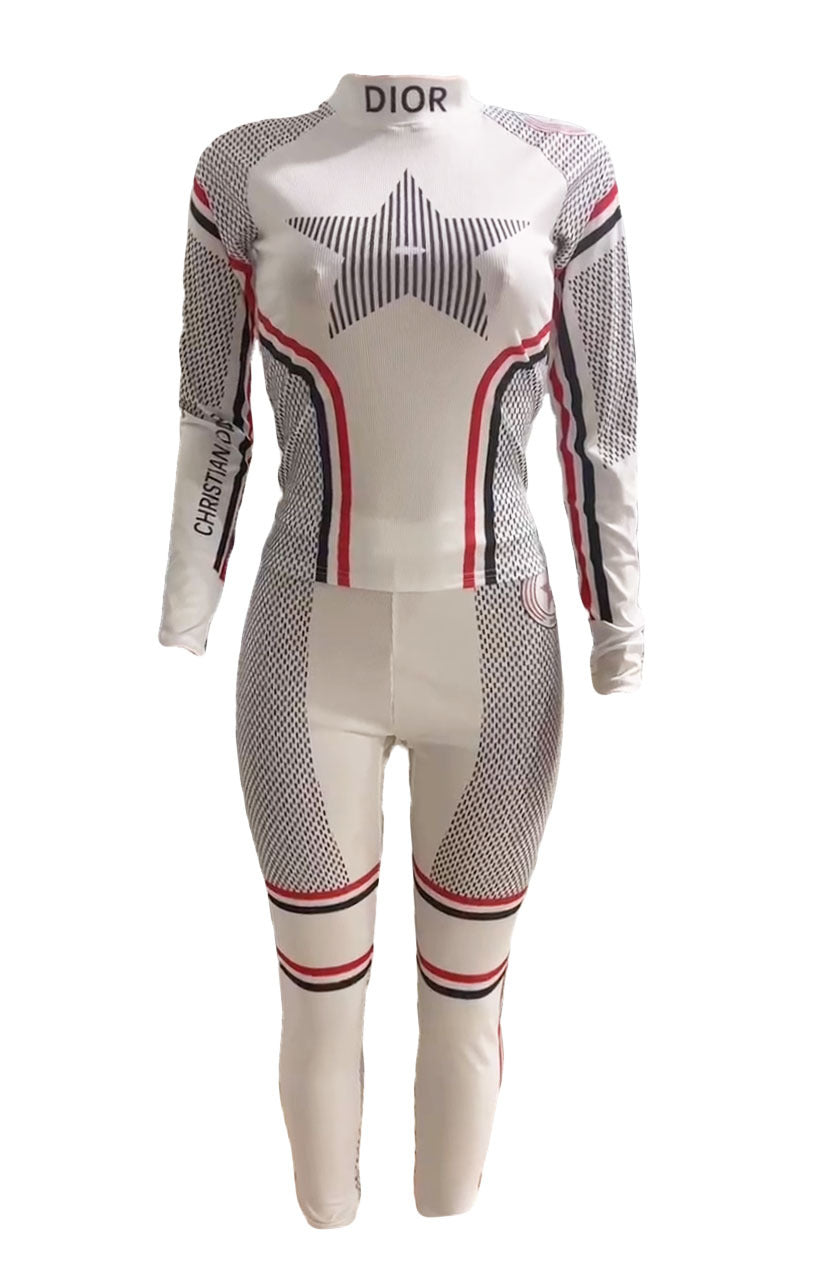 Star Print Color Block Long Sleeve Top Leggings 2 Piece Set Women