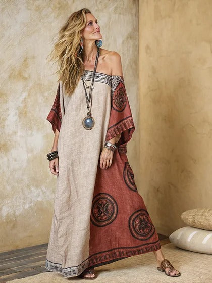 Women Boho Diagonal Striped Off Shoulder Loose Kaftan Maxi Beach Dress