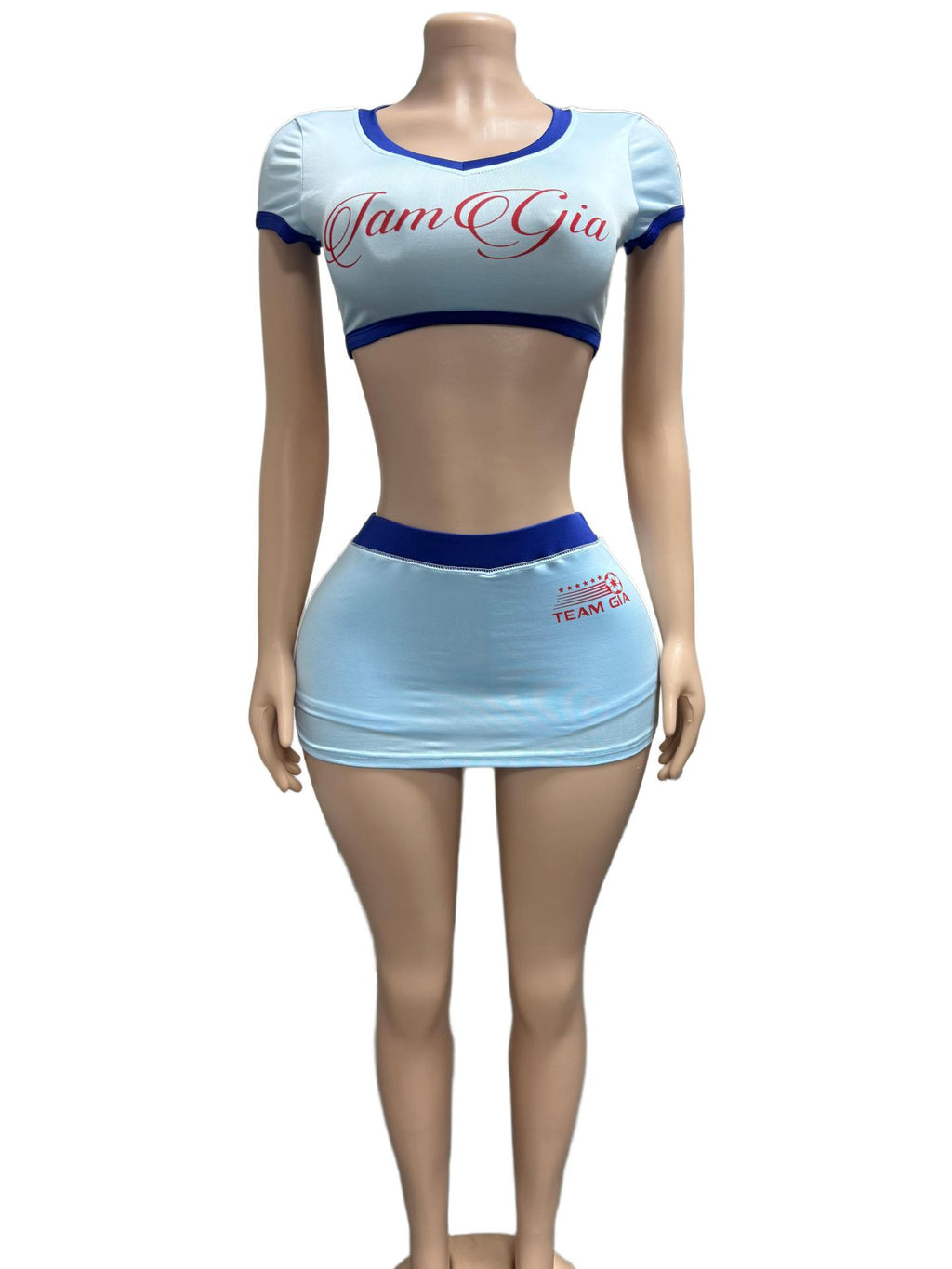 I.AM.GIA Contrast Trim V Neck Crop Top Mini Skirt 2 Piece Set Women