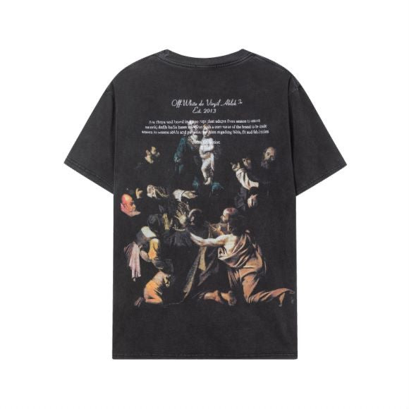 Off-White Color Figure Graphic Crew Neck Short Sleeve T Shirt