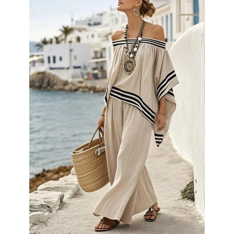 Women European Boho Striped Plus Size Loose Kaftan Beach Vacation Set
