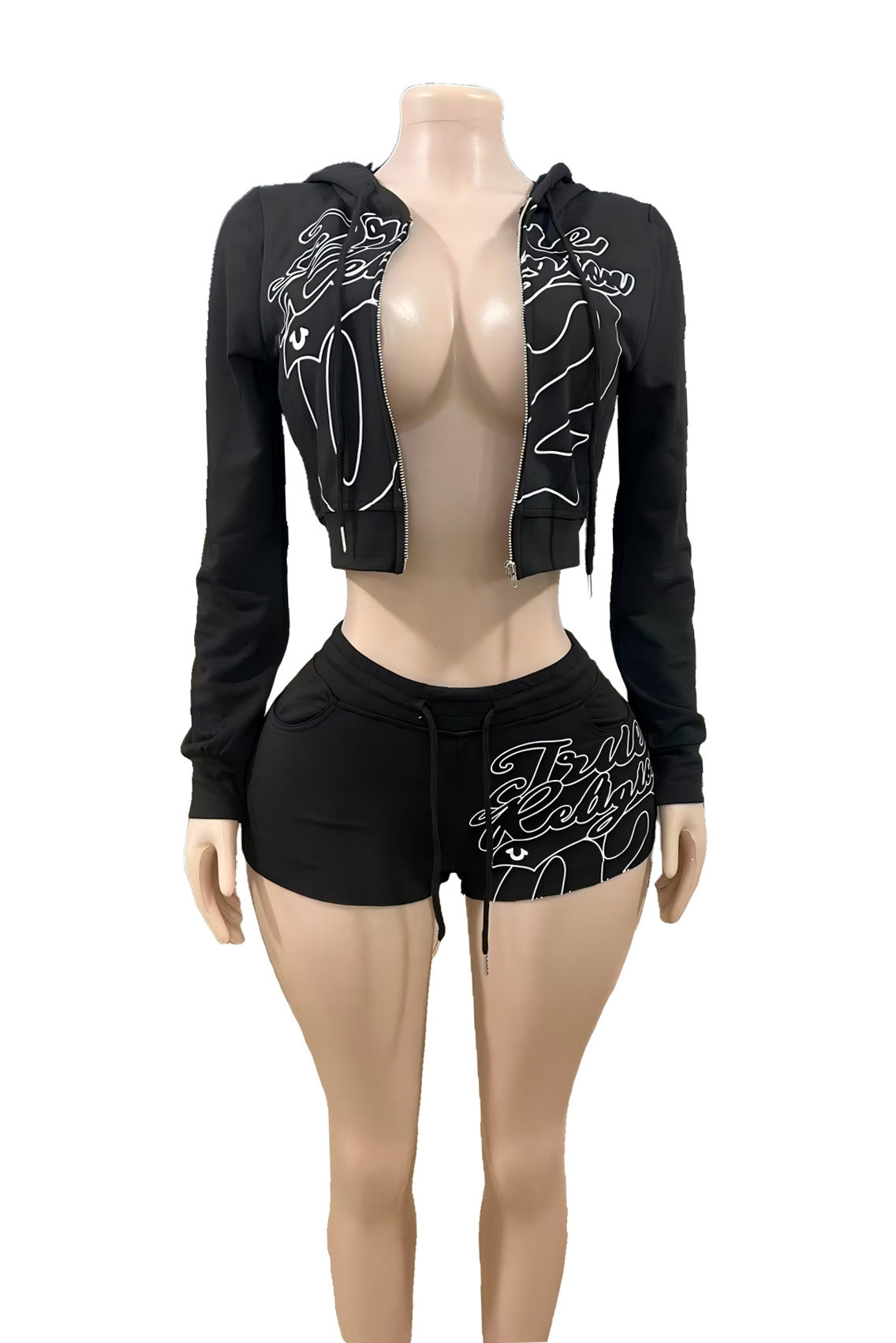 True Religion Graphic Zip Crop Hoodie Short Tracksuit Set