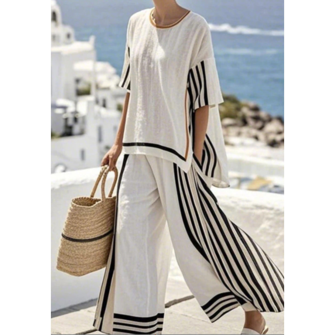 Women European Boho Striped Plus Size Loose Kaftan Beach Vacation Set