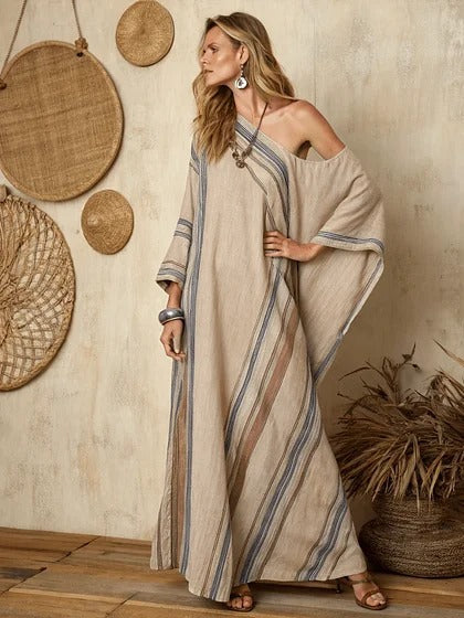 Women Boho Diagonal Striped Off Shoulder Loose Kaftan Maxi Beach Dress
