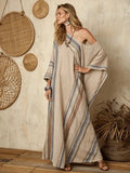 Women Boho Diagonal Striped Off Shoulder Loose Kaftan Maxi Beach Dress