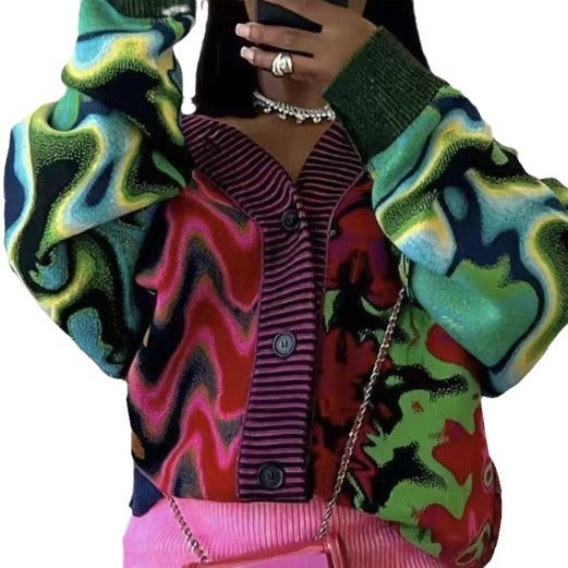 Colorful Abstract Print Knit Cardigan Women Long Sleeve Sweater Coat