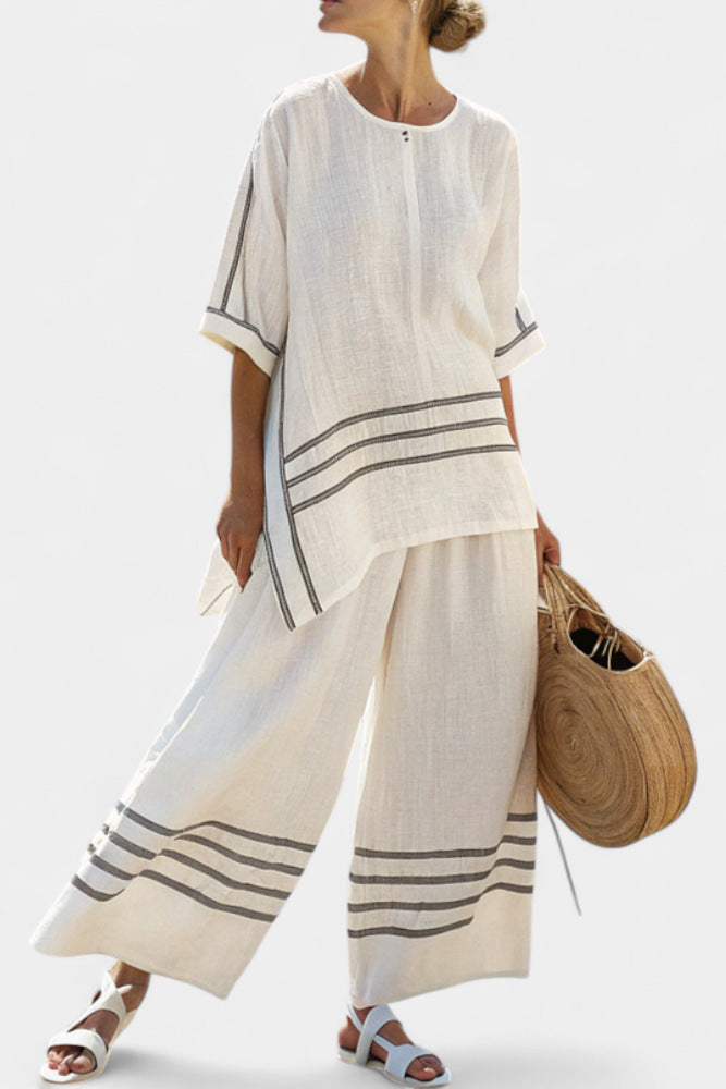 Women European Boho Striped Plus Size Loose Kaftan Beach Vacation Set