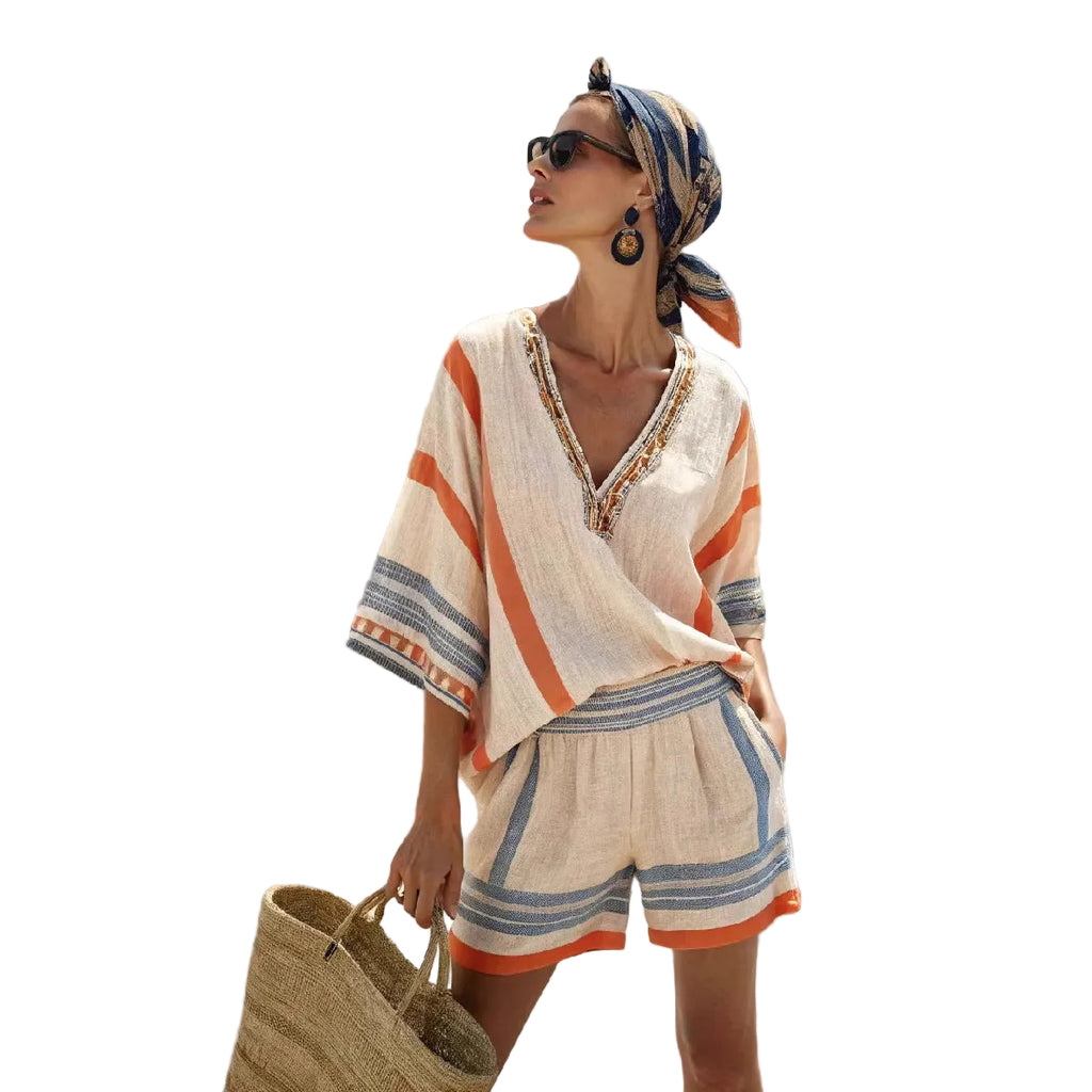 Women Boho Vertical Striped Linen V Neck Loose Kaftan Beach Vacation Set