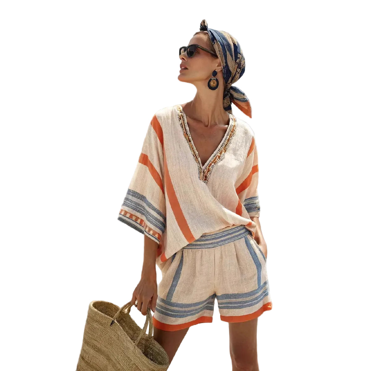 Women Boho Vertical Striped Linen V Neck Loose Kaftan Beach Vacation Set