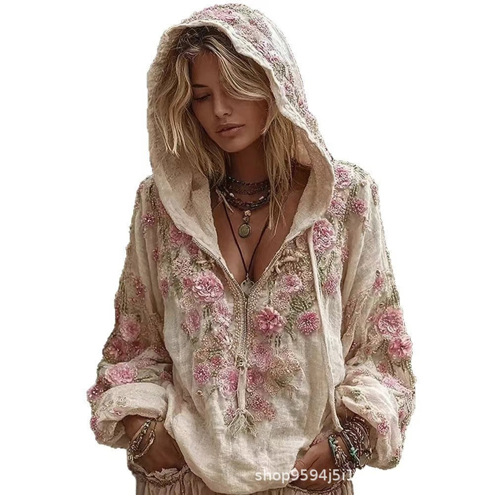 Women Boho Floral Print Zip Up Hooded Long Sleeve Loose Top