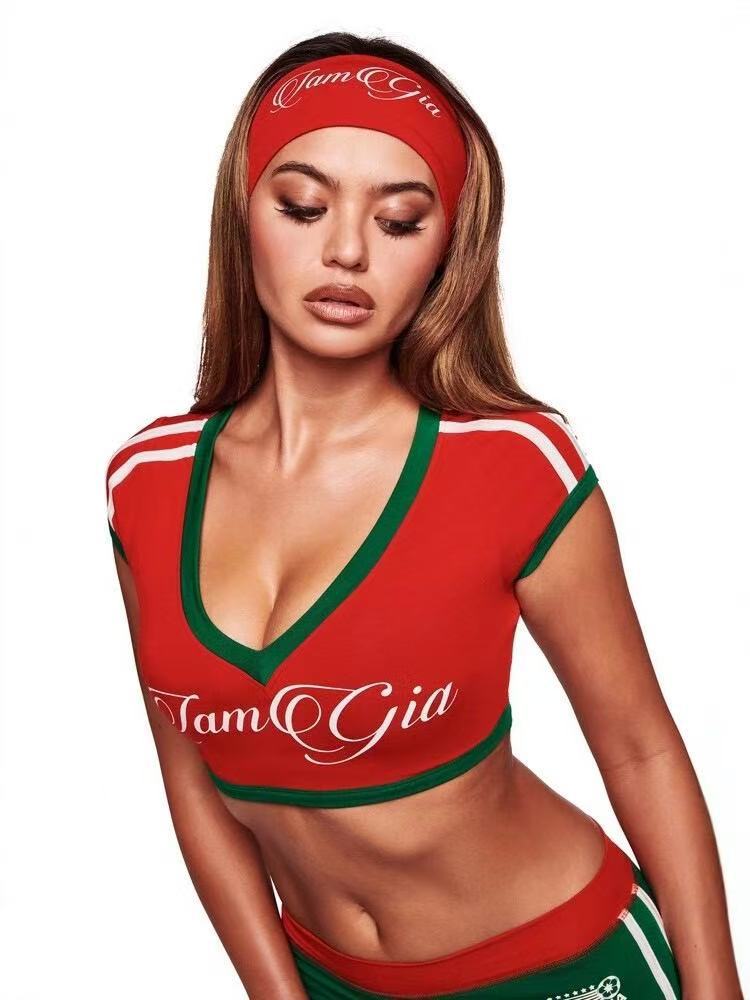 I.AM.GIA Contrast Trim V Neck Crop Top Mini Skirt 2 Piece Set Women
