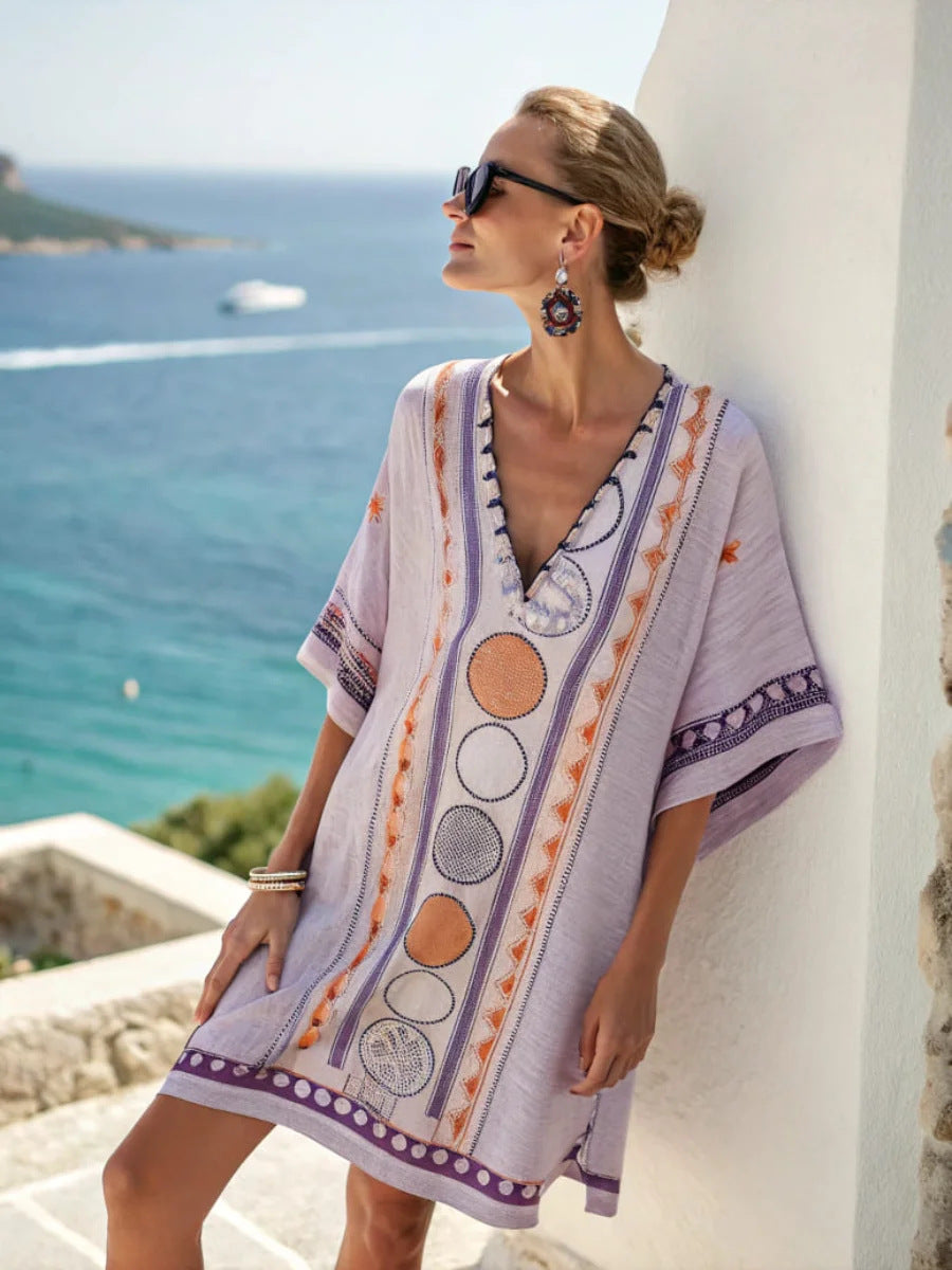 Women Boho Vertical Striped V Neck Loose Short Kaftan Beach Dress