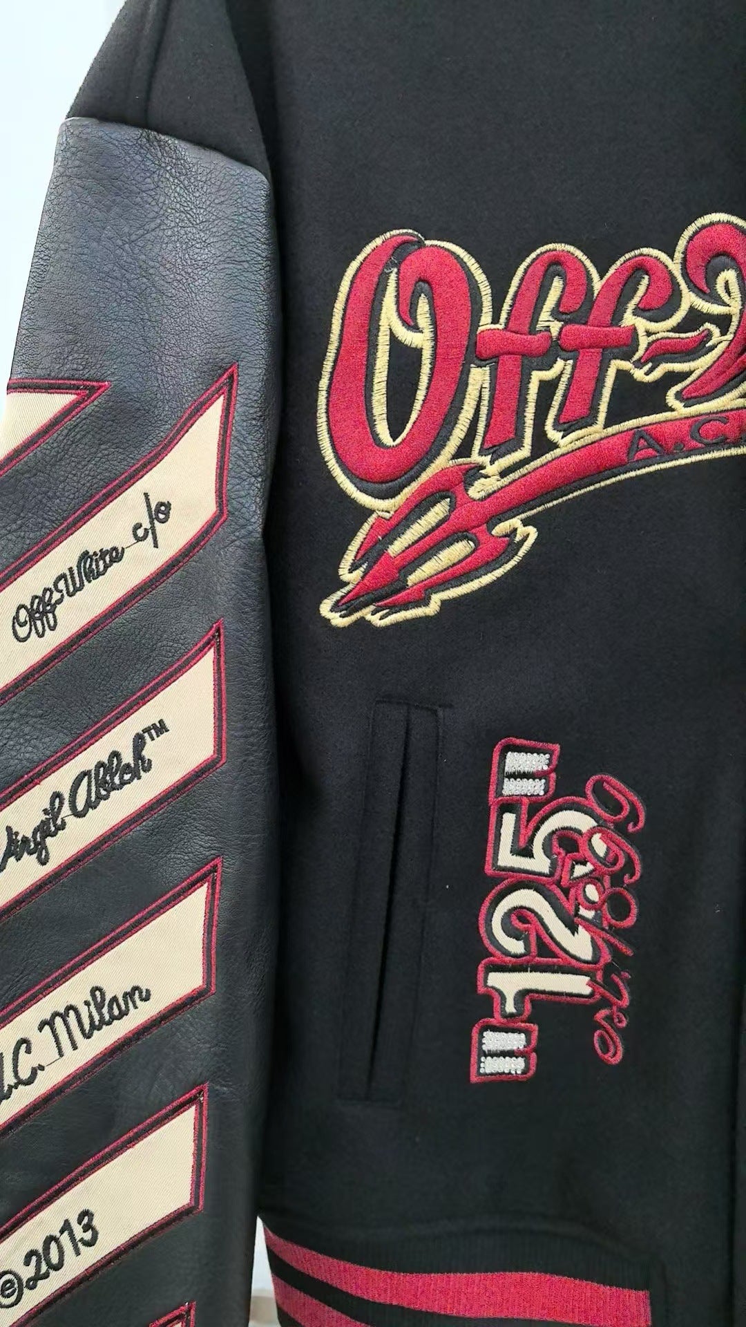 Off White Cartoon Devil Graphic Varsity Jacket Unisex