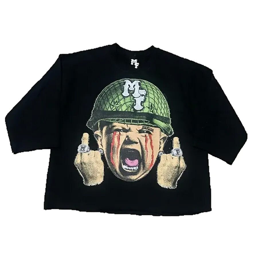 Merlin Worldwide Style Y2K Cartoon Portrait Oversized Vintage Baumwoll-T-Shirt