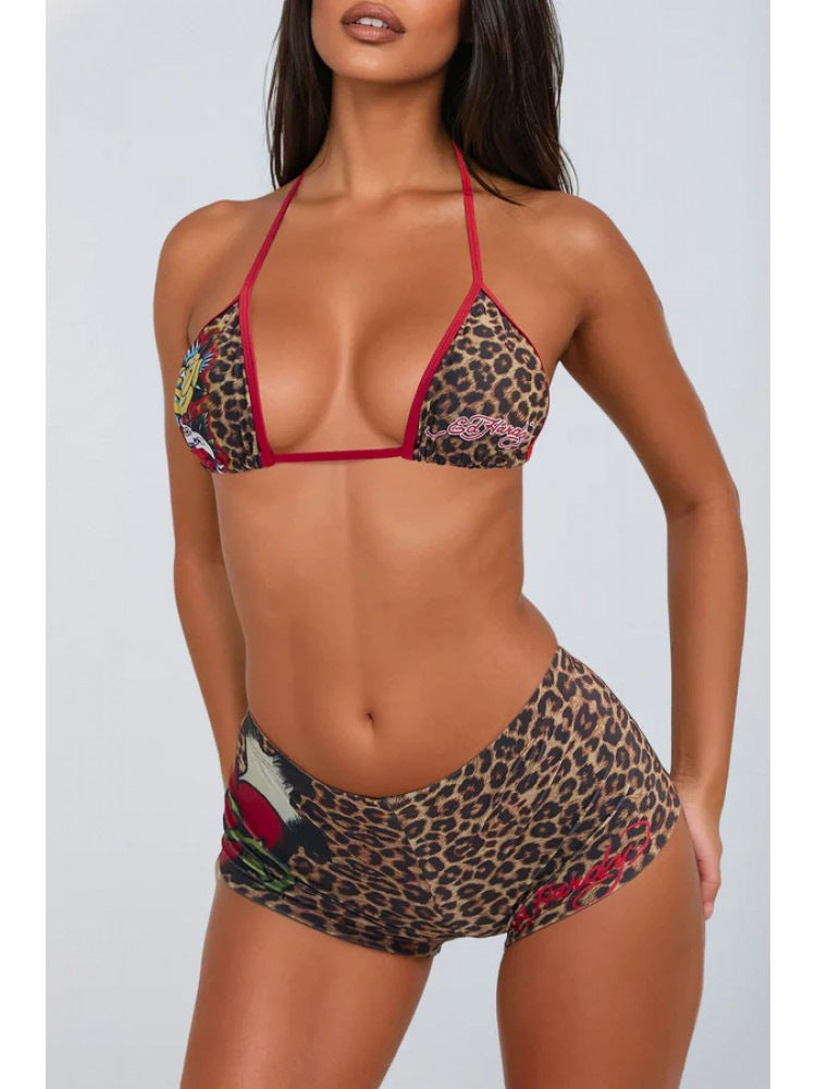 Leopard Rose Print Halter Sexy 2 Piece Shorts Set Women Club Outfit