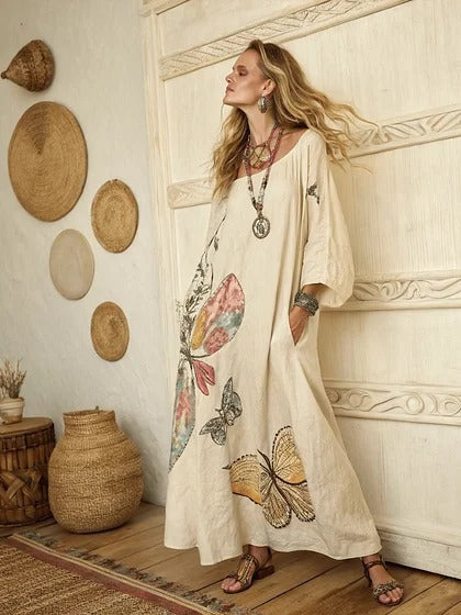 Women Boho Diagonal Striped Off Shoulder Loose Kaftan Maxi Beach Dress