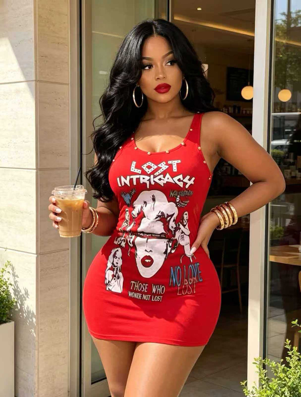 Lost Intricacy Graphic Rivet Tank Backless Bodycon Mini Dress Women