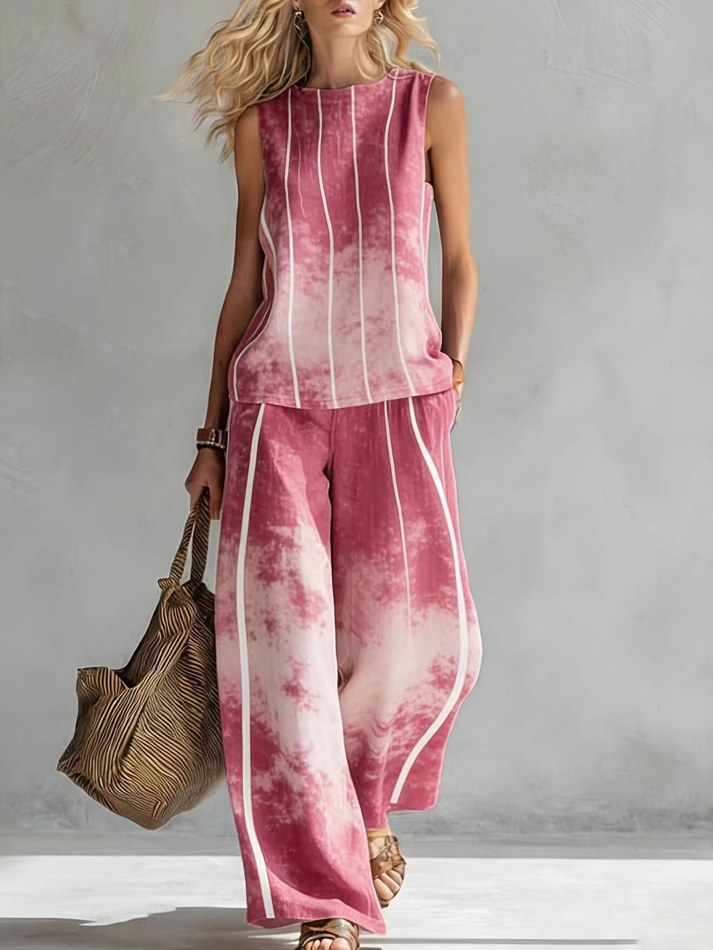 Boho Floral Trim Sleeveless Wide Leg Two Piece Set
