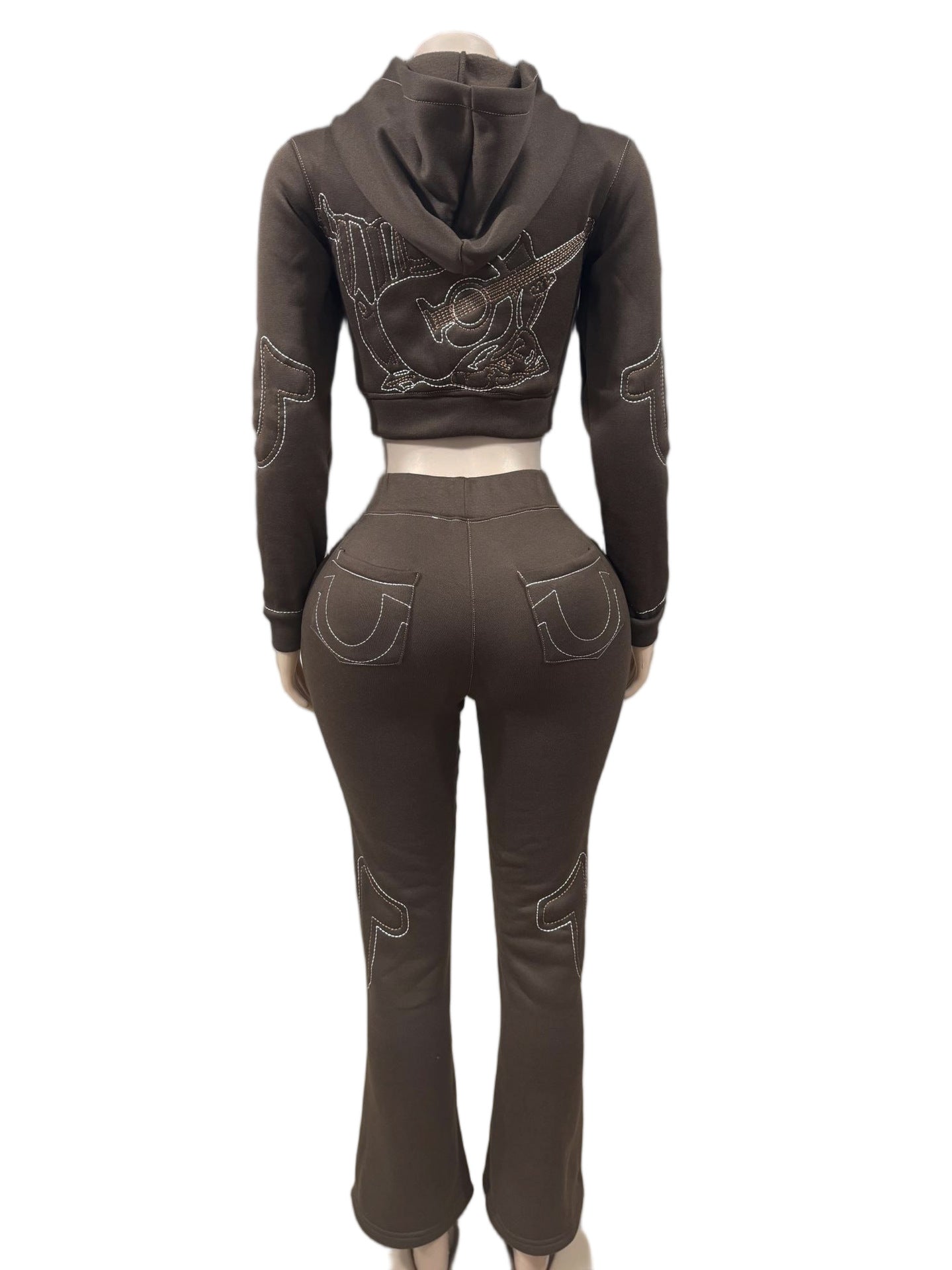 True Religion Stitch Embroidered Zip Crop Hoodie Flare Pants Tracksuit Set