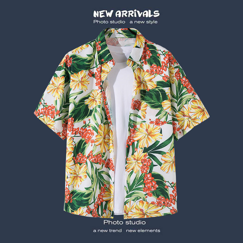 Mens Vintage Tropical Hawaiian Floral Loose Short Sleeve Beach Shirt