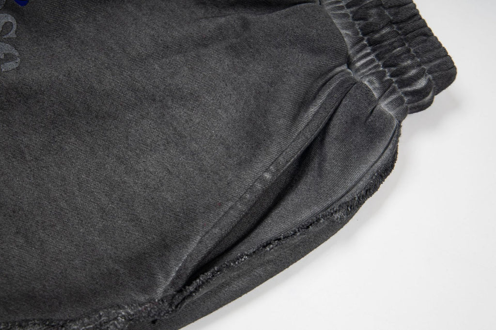 Washed Vintage Letter Print Raw Edge Streetwear Drawstring Sweat Shorts